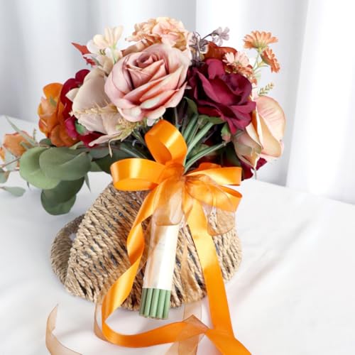 9.5 Inch Orange Cascading Wedding Bouquet for Bride Fall Artificial Rose Flower Cascade Bride Bridal Bouquet Rustic Boho Wedding Ceremony Anniversary Bridal Shower Fall Color Burnt Orange - color: Burnt Orange