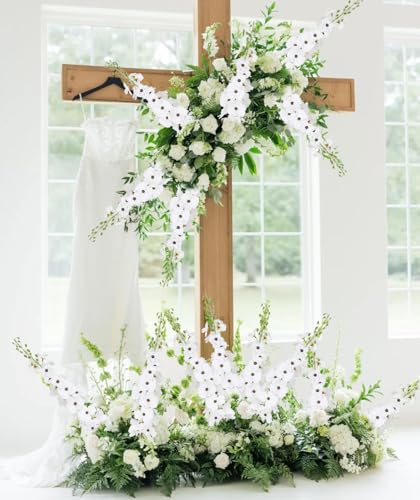 42'' Long Stem White Delphinium Artificial Flowers for Tall Vases 4PCS Fake Hollyhock Silk Flowers Realistic Larkspur Faux Flower for Home Wedding Table Decor Floral Arrangement (Pure White) - color: Pure White