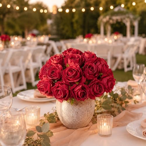 Ivydale 18pcs Red Roses Artificial Flowers, Fake Roses Silk Flowers with Stems Realistic Bouquet for Wedding Party Mother's Day DIY Centerpiece Floral Romantic Gifts - color: Rose-red