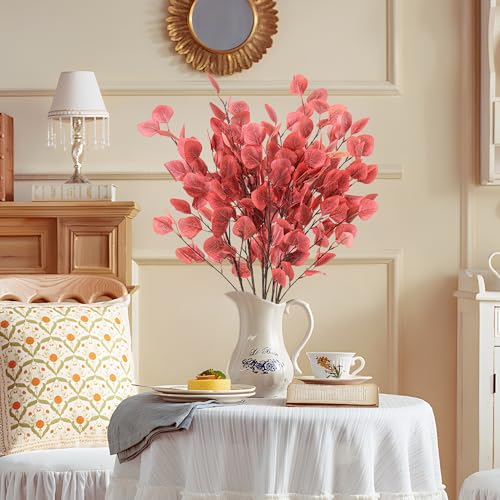 7PCS Long Artificial Eucalyptus Stems 35.4" Tall Fake Fall Red Branches With Apple Leaves Faux Plants Bouquet Floral Arrangements Accessories For Home Fireplace Office Farm Festival Decoration - color: Red