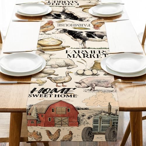 Farm Animals Dining Table Runner, Farmhouse Country Cow Lamb Pig Chicken Duck Barn Tractor Burlap Kitchen Decoration, Farmer Market Indoor Outdoor Sweet Home Decor Party Supply 13 x 90 Inches - color: Farm, size: Table Runner 13''X90''