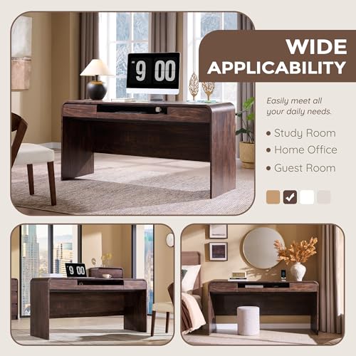 63" Modern Computer Desk with 2 Drawers, Wood Curved Executive Desk with Keyboard Tray & Power Outlet, Writing Desks with Storage for Home Office, Study Room, Living Room (Brown) - color: Brown
