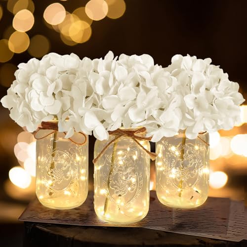 Set of 3 Mason Jar with Lights White Hydrangea Decorative Jars Flower Vase Farmhouse Table Centerpiece for Home Wedding Event Party Decor - color: Jar-white Hydrangea
