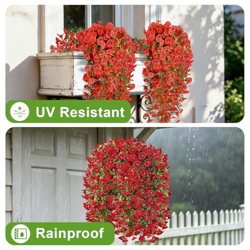 Artificial Hanging Flowers for Outdoors, 4Pcs UV Resistant Faux Morning Glory Flowers Spring Summer Decroation, No Fade Fake Flower Trailing Vines for Porch Patio Balcony Yard Garden (Red) - color: Red