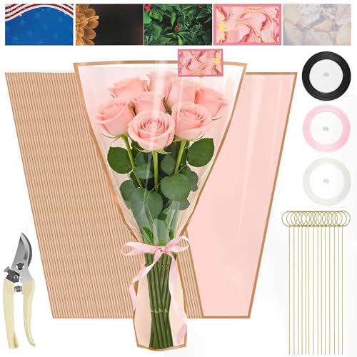 50 Sheets 18" x 11" Pink Flower Bouquet Wrapping Bags Plastic Paper Sleeves, Total 154Pcs RibbonsX3 Pruning ShearsX1 Card HolderX50 CardsX50 Floral Bouquets Bag for Flowers Bar Graduation Wedding - color: Pink 50 Sheets Gold, size: 18 x 11 inch