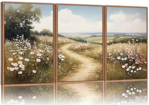 Rantodecor Rustic French Country Framed Canvas Wall Art, Vintage Flower Field Wall Decor, Calming Nature Landscape Art Paintings, Modern Wildflower Artwork for Farmhouse Bedroom Living Room 24"x36"x3 - color: Rustic French Country, size: 36"x24"