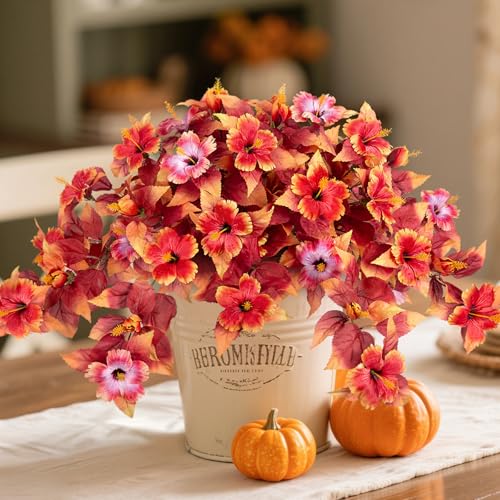Fall Fake Flowers Artificial for Outdoors Decoration, 2PCS Faux Hibiscus Flowers for Outside Planters, Realistic Silk Autumn Plants with UV Resistant No Fade for Home Porch Garden Balcony Yard Decor - color: Dhh-orange Pink
