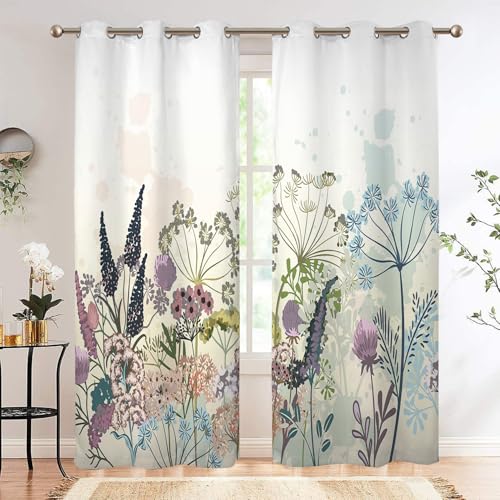 Renaiss Wildflowers Blackout Curtains Vintage Botanical Floral Plant Thermal Insulated Window Drapes for Bedroom 29W x 45L inches 2 Panel Set Window Curtain Panels for Kitchen - color: Botanical, size: 29"W x 45"L (Pack of 2)