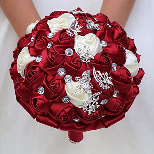1Bucnh Big Size (8.26") Handmade Diamond Wedding Bouquet for Bridal with Rhinestones Silk Ribbon use in Church Marroon Marriage Boquets (Big Dark Red & Less Ivory) - color: Dark Red With Ivory