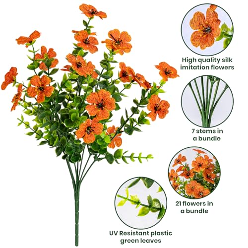 Lnoicy 20 Bundles Artificial Flowers for Outdoor Fake Plants for Spring Decoration,Faux Eucalyptus Flowers for Planter UV Resistant Lifelike for Home Porch Garden（Orange） - color: Orange