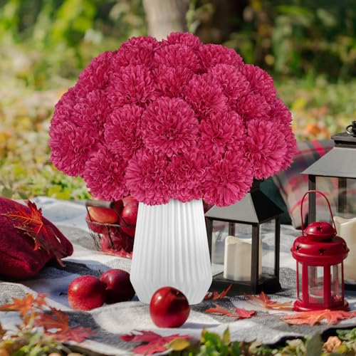 36 Pcs Artificial Chrysanthemums Flowers Hot Pink Flowers Fake Mums Silk Flowers for Christmas Wedding Floral Table Centerpiece Home Decor - color: Hot Pink