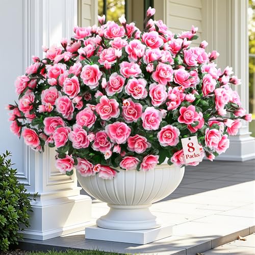 Alupssuc 8 Large Bundles Artificial Flowers for Outdoors Spring Decoration, UV Resistant Faux Flowers Silk Camellia Realistic Fake Flowers for Yard Patio Planter Porch Balcony Garden, Pink - color: Pink