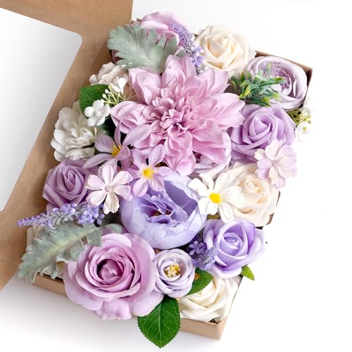 Purple Artificial Flowers Combo Box Wedding Decor,Fake Flowers,Flowers for Decoration,Silk Flowers for Home Decor Indoor,Cake Flowers,Faux Flowers for Crafts - color: Cream Purple