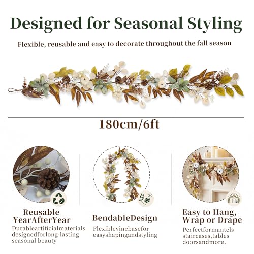 6FT Fall Garland with Cream Pumpkins, Neutral Autumn Garland with Pinecones Berries Leaves, Farmhouse Thanksgiving Decorations for Fireplace Mantel, Doorway, Staircase, Table Centerpiece - size: 6FT-BT-White