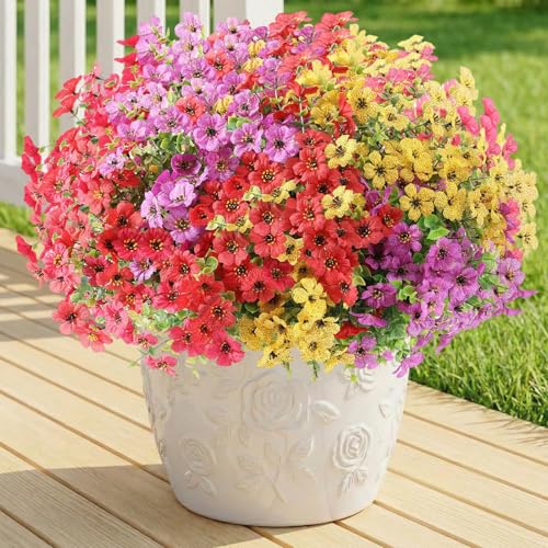 Powbrace Artificial Flowers Outdoor Fake Plants, Faux Silk Flowers Plastic Plants for Outdoors Indoor Outside Front Porch Hanging Planter Window Box Garden Home Spring Decoration, 14 Pack (Mix) - color: Mix, size: 14 Bundles(Upgrade)