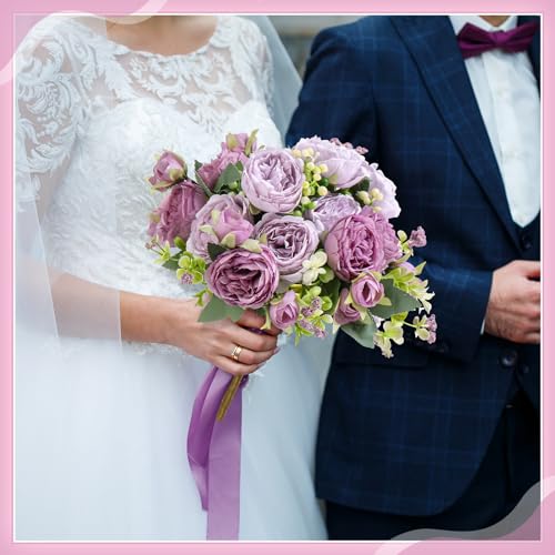 Crowye 4 Bundles Peonies Artificial Flowers Silk Faux Peonies Wedding Artificial Flower Bouquet for Table Centerpiece for Home Wedding Decor Bridal Floral Arrangement(Purple) - color: Purple