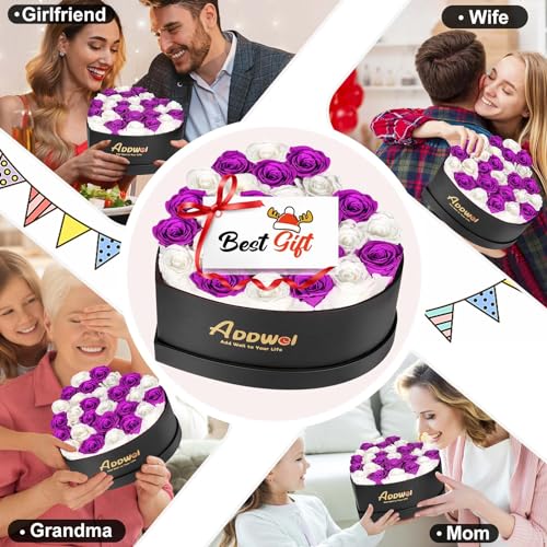 ADDWel Romantic Preserved Roses Bouquet for Her Anniversary, Birthday Flower Gifts for Women, 27-Pieces Eternal Roses with Natural Fragrance in Heart-Shape Box for Wife Girlfriend Mom - color: Purple & White - 27 Roses
