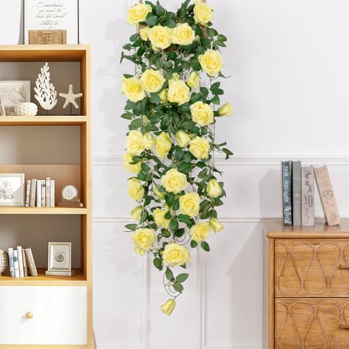 U'Artlines 3 Pack Artificial Yellow Rose Vines Floral Garlands Total 19.5 Ft Fake Vine Silk Flower Garland for Indoor Outdoor Home Wedding Arch Garden Wall Decoration - color: Yellow, size: Set of 3