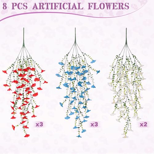 Artificial Hanging Petunias Flowers for Outdoor, 8pcs Fake Plants Long Vine Morning Glory Eucalyptus, UV Resistant Realistic Faux Greenery Outside Patio Porch Garden Spring Decor, Red Blue White - color: Red Blue White
