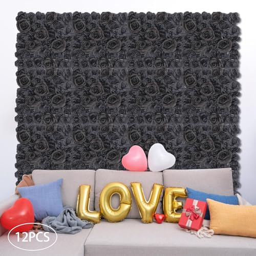 DNYSYSJ 12pcs 15" X 15" Rose Artificial Flower Wall Panels - Black Roses Backdrop for Wedding Decor - color: Black Rose, size: 12 pieces