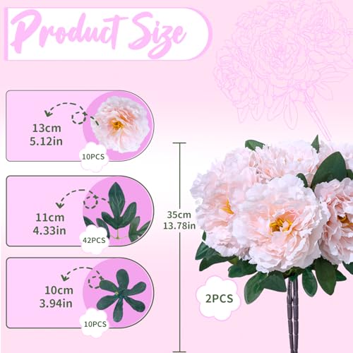 Light Pink Premium Silk Artificial Peonies, 2 Bouquets (10 Large 5.12" Heads), 13.78" Tall Fake Floral Arrangements for Wedding Centerpieces, Home Decor & Indoor Vase Display - color: Light Pink