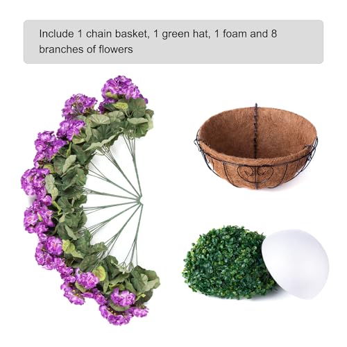 INSPRING Geraniums Artificial Flowers Hanging Basket for Outdoors Outside Spring Decoration, 8 Bundles Silk Flowers Fake Plants Look Real UV Resistant for Porch Home Patio Balcony Yard, Purple - color: Purple
