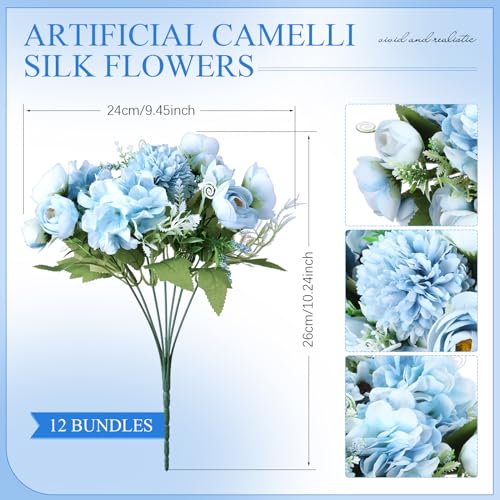 Tigeen Peonies Artificial Flowers Faux Roses Silk Flowers Hydrangea Artificial Bouquet for Wedding Table Centerpiece Floral Vase Home Office Bridal Decor(Blue,12 Bundles) - color: Blue