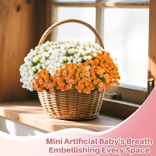 RAINFLOW Babys Breath Artificial Flowers Bulk - 100PCS Mini Flowers for Decoration Scrapbook Supplies Flower Garland Wedding Decorations for Reception Bouquet Accessories Home Decor(White Orange) - color: Orange White, size: 100 PCS