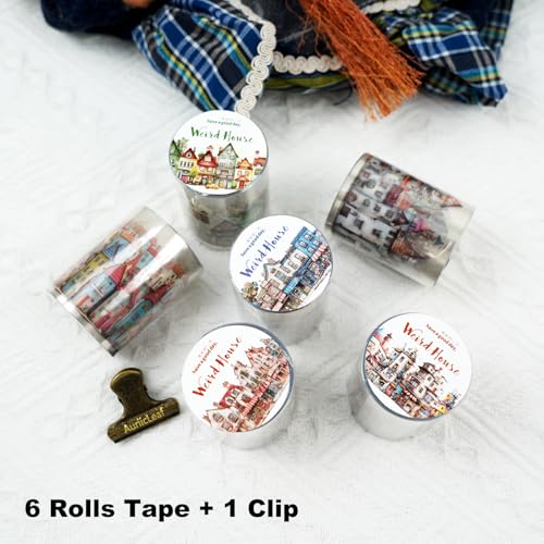 Weird House PET Tape Set with Clip, 6 Rolls of Vintage Town Stickers for Scrapbooking, Journaling, DIY Crafts, and Planners - color: Curious House