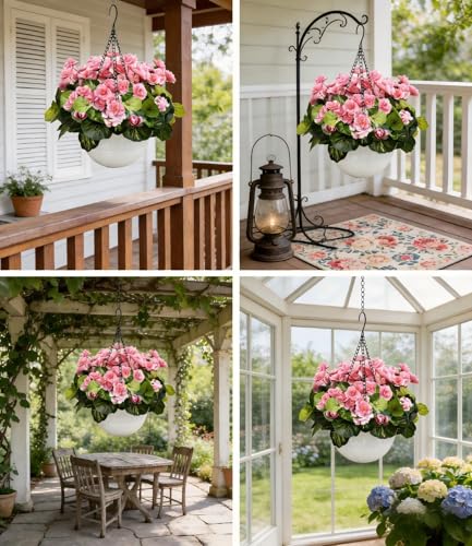 2 Sets Artificial Hanging Baskets Flowers for Outdoors, Already Assembly Silk Flower with Hanging Baskets UV Resistant Realistic for Spring Summer Garden Porch Yard Patio Outside Decor, Pink - color: Pink