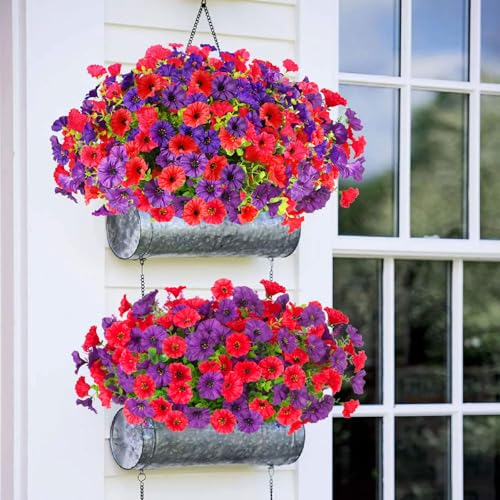 ADXORA 12 Bundles Morning Glory Artificial Flowers for Outdoor Decoration UV Resistant Fake Plastic Plants Artificial Greenery for Indoor Outdoor Garden Patio Window Box Home Decor - color: Red,dark Purple