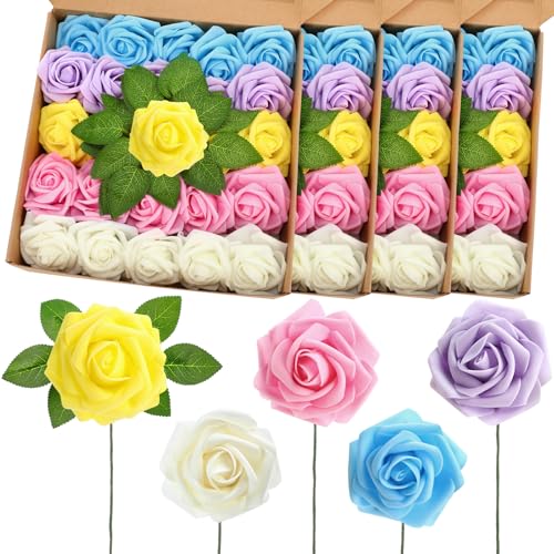 100 Pcs Artificial Foam Rose Flower Faux Bouquet Wedding Fake Rose Gift for Mother's Day Women DIY Bridal Shower Party Table Birthday Home Spring Decor (Macaron Colors) - color: Macaron Color