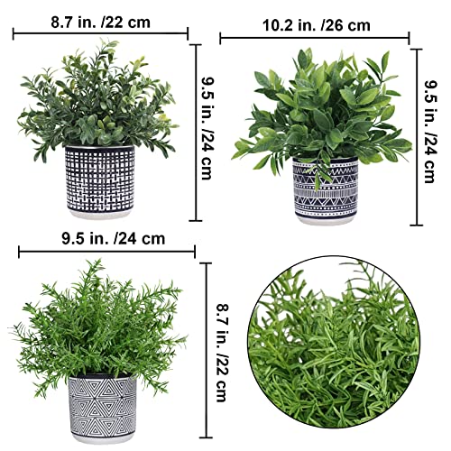 Winlyn Set of 3 Small Potted Plants Artificial Eucalyptus Rosemary Boxwood Plants in Black and White Geometric Pots for Table Centerpiece Kitchen Counter Windowsill Indoor Outdoor Garden Greens Decor