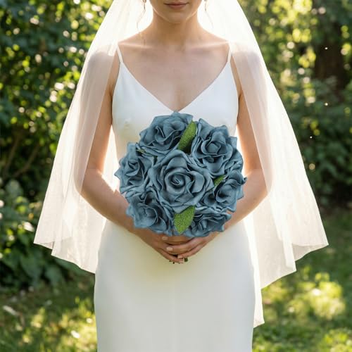 Foam Roses,16Pcs Dusty Blue Foam Flowers Real Looking Artificial Fake Roses with Stems and Leaves for DIY Wedding Bouquets Baby Shower Party Home Centerpiece Floral Arrangement (Dusty Blue)