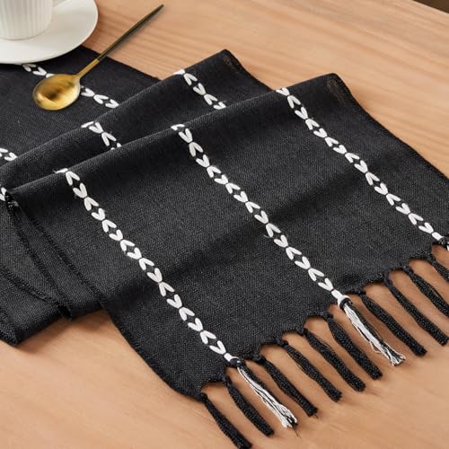 Niviy Halloween Black Table Runner 48 Inches Long, Fall Black Embroidered Striped Braided Boho Table Runner for Holiday Home Party Indoor Outdoor 12 x 48 Inch - color: Black, size: 12 x 48 Inches