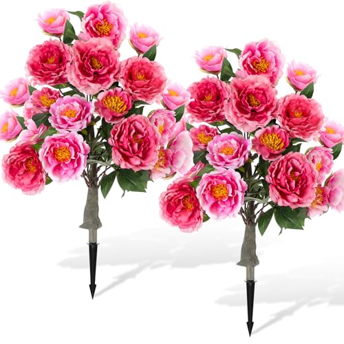 Thiccywoov 2 Pack 36" Artificial Peonies Flowers for Outdoor, 3 Ft Faux Outdoor Plants with Spike UV Resistant Realistic Fake Floral Bush for Indoor Front Door Porch Backyard(Champagne & Light Purple) - color: Champagne & Light Purple