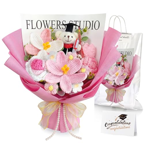 Giegxin Graduation Crochet Flowers Bouquet Set 2026 Grad Cap Plush Bear Hand Knitted Tulip Daisy Sunflower Rose Bouquet Greeting Card Gift Bag for Wedding Birthday Party Favors (Pink) - color: Pink