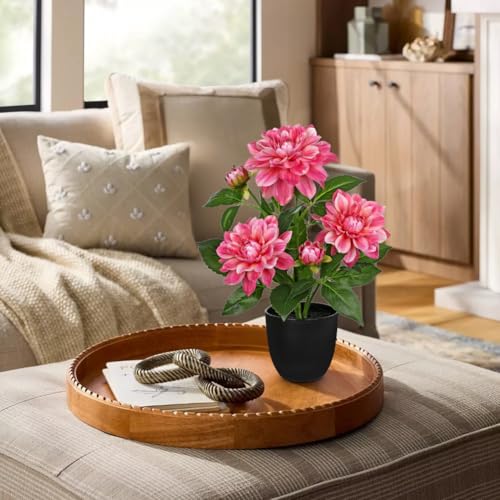 Artificial Plants & Flowers in Pot Rose Pink Dahlia Artificial Flowers Potted Plant Faux Silk Flower with Pot Fake Flower for Home Bathroom Table Centerpieces Wedding Shelf Desk Decor 16.5 Inch - color: Red-16.5