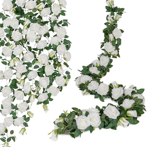 U'Artlines 5 Pack Artificial White Rose Vines Floral Garlands Total 32.5 Ft Fake Vine Silk Flower Garland for Indoor Outdoor Home Wedding Arch Garden Wall Decoration - color: White, size: Set of 5