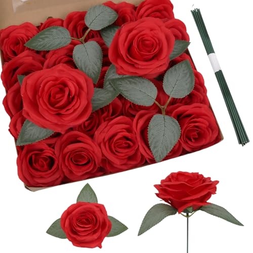 25pcs Red Roses Artificial Flowers 3.94" Large Silk Roses with Stems Real Look Faux Roses for Wedding Table Centerpieces Arrangement Home Decor(Red) - color: Red
