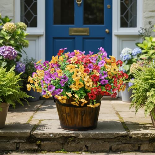 LADADA 12 Bundles UV Resistant Artificial Flowers Outdoor, Fake Daisy Faux Plants with Eucalyptus for Outside Planter Yard Home Patio Garden Decoration, Multicolor - color: Red Yellow Purple