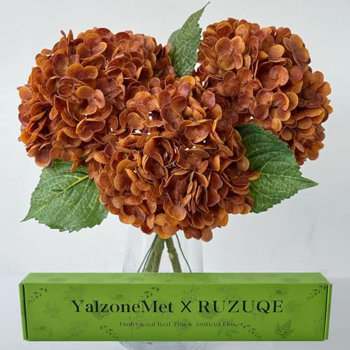 YalzoneMet 3 Pcs Orange Brown Hydrangea Artificial Flowers 21‘’ Real Touch Latex Hydrangea Fake Flowers for Fall Home Decor Party Kitchen Bedroom Bronze Vintage Flower Table Centerpieces - color: Orange Brown