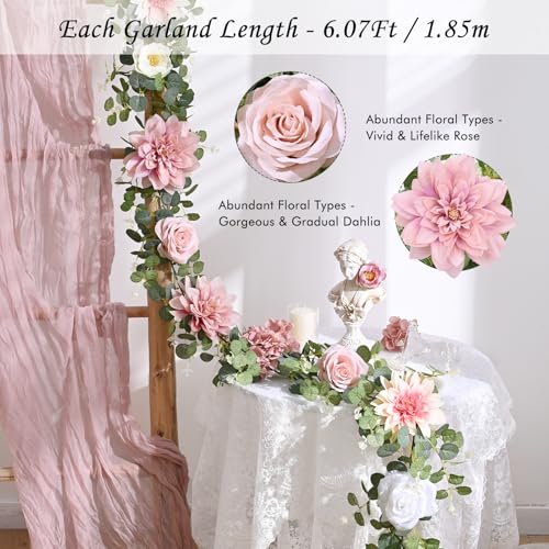 Waipfaru 2 Pcs Flower Garland, 12.14ft Eucalyptus Garland Vines with Flowers for Wedding Reception Table Mantle Spring Room Decor (Rose Pink) - color: Rose Pink-12.14ft, size: 2 Pack
