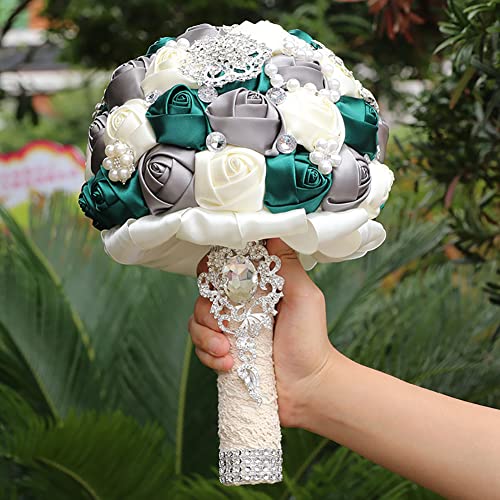 Sharebeauty 7.9 Inch Handmade Satin Rose Bridal Bouquet Toss Round Wedding Bouquet Throw Toss Artificial Flower Bunch Deep Green + Dark Grey + Ivory - color: W3217d06 Deep Green/Dark Grey/Ivory