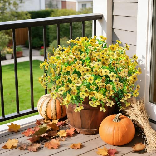 12 Bundles Artificial Flowers for Outdoor UV Resistant and Realistic, Faux Daisy Fake Flowers with Eucalyptus Leaves for Porch, Patio, Planter, Window Box, Home, Garden Decor - color: Yellow