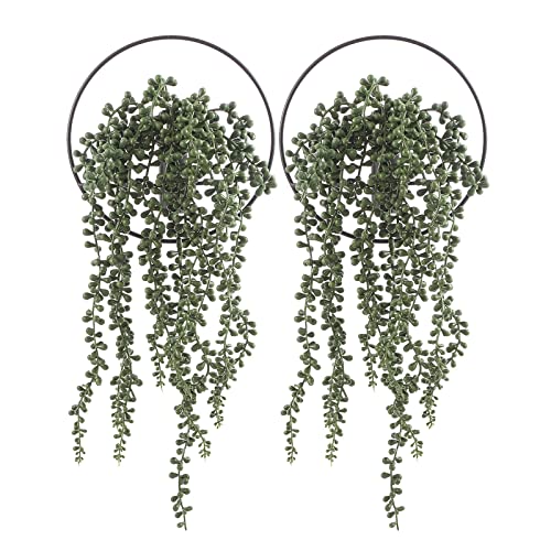 Pretty Jolly Wall Decor Metal Vase Decoration Holder, Mounted Artificial Flowers, Black Fake Wheat 2 Pack, Art Greenery, Farmhouse, Boho - color: 10-greenery-plant - Black Ring, size: S 7.8inch (Black Ring)