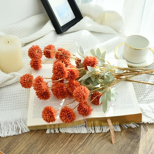 Mandy's 6 Stems Silk Burnt Orange Kiku Ball Flowers | Artificial Chrysanthemum Stems for Home Summer Décor Realistic Faux Floral Arrangement Minimalist Elegant Style - color: Burnt Orange