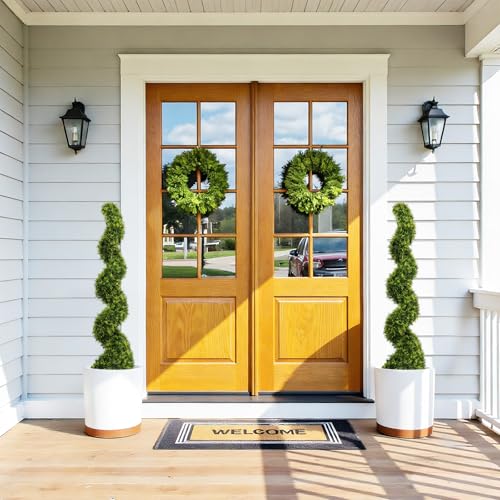 4ft Spiral Boxwood Topiary Trees Artificial Outdoor Set of 2 - UV Resistant Faux Plants for Outside Planters, 48" Fake Twisted Tree for Front Porch Decor - color: Pine Needle, size: 4FT