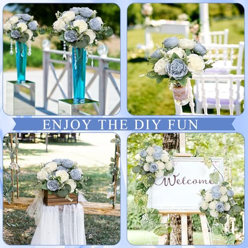 Peonies Artificial Flowers Bulk, 12 Bundles Fake Silk Peonies Faux Eucalyptus Bouquet Realistic Peony Floral Arrangement for Wedding Table Centerpiece Vase Decor (Dusty Blue & White) - color: Dusty Blue & White