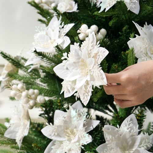 trytuny 50pcs Glitter Poinsettia Christmas Ornaments, Artificial Flowers with Clips Stems for DIY Wreath Making, Holiday Home Party Decorations, Indoor Use (White) - color: White